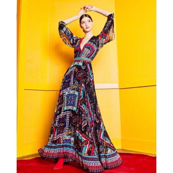 Alice + Olivia Cheney Slit Sleeve Pleated Maxi Dress in Royalty Paisley Size 0 - Picture 2 of 9